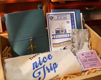 Vintageblauwe ECHT LEDEREN reisdagboekset | Beginnerspakket dagboekplanner | Ultiem kerst- en nieuwjaarscadeau | Plannerdagboek 2026