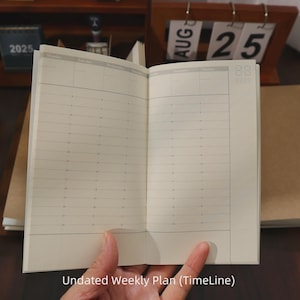 May include: An open undated weekly planner with a cream-colored interior. The planner is held open by a hand, revealing lined pages for daily scheduling. The text "Undated Weekly Plan (TimeLine)" is visible at the bottom. A wooden calendar with the date August 25 is in the background.