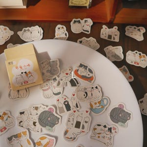 May include: A collection of cat-themed stickers scattered on a white plate. The stickers feature various cat illustrations in different poses and colors, with some holding hearts. A small box with Chinese text is also present, labeled "Cute Cat".