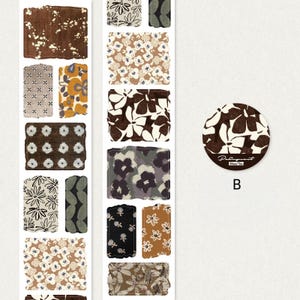 May include: A selection of decorative stickers featuring floral designs in shades of brown, beige, and black. The stickers are rectangular and circular, with a white backdrop. The circular sticker has the letter "B" and text.