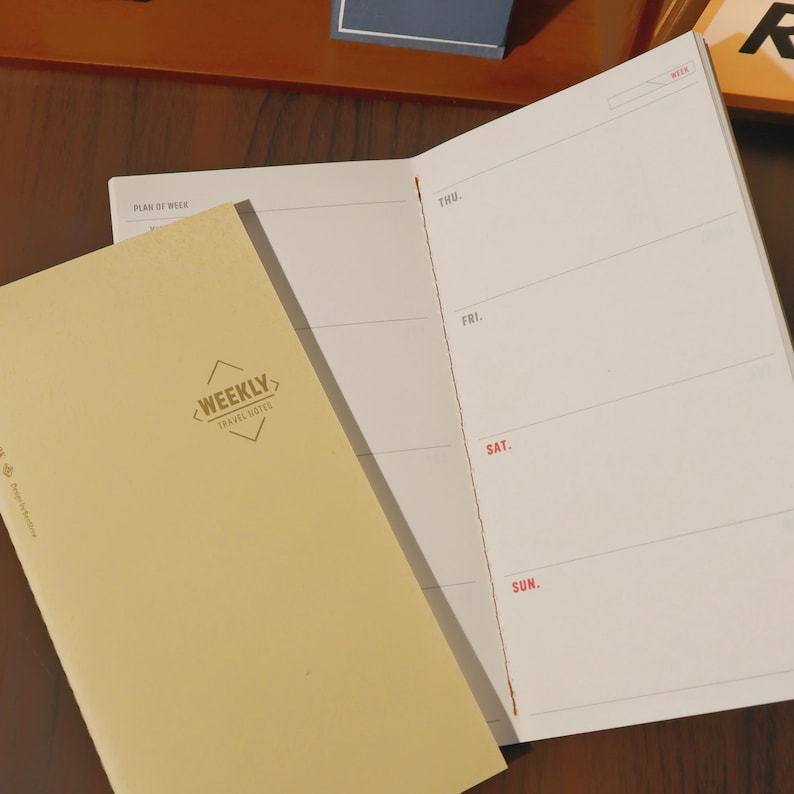 May include: A tan-colored weekly travel notes journal with the text "WEEKLY TRAVEL NOTES" and a weekly planner layout. The open journal shows days of the week, with Thursday, Friday, Saturday, and Sunday visible. The journal is on a wooden surface.