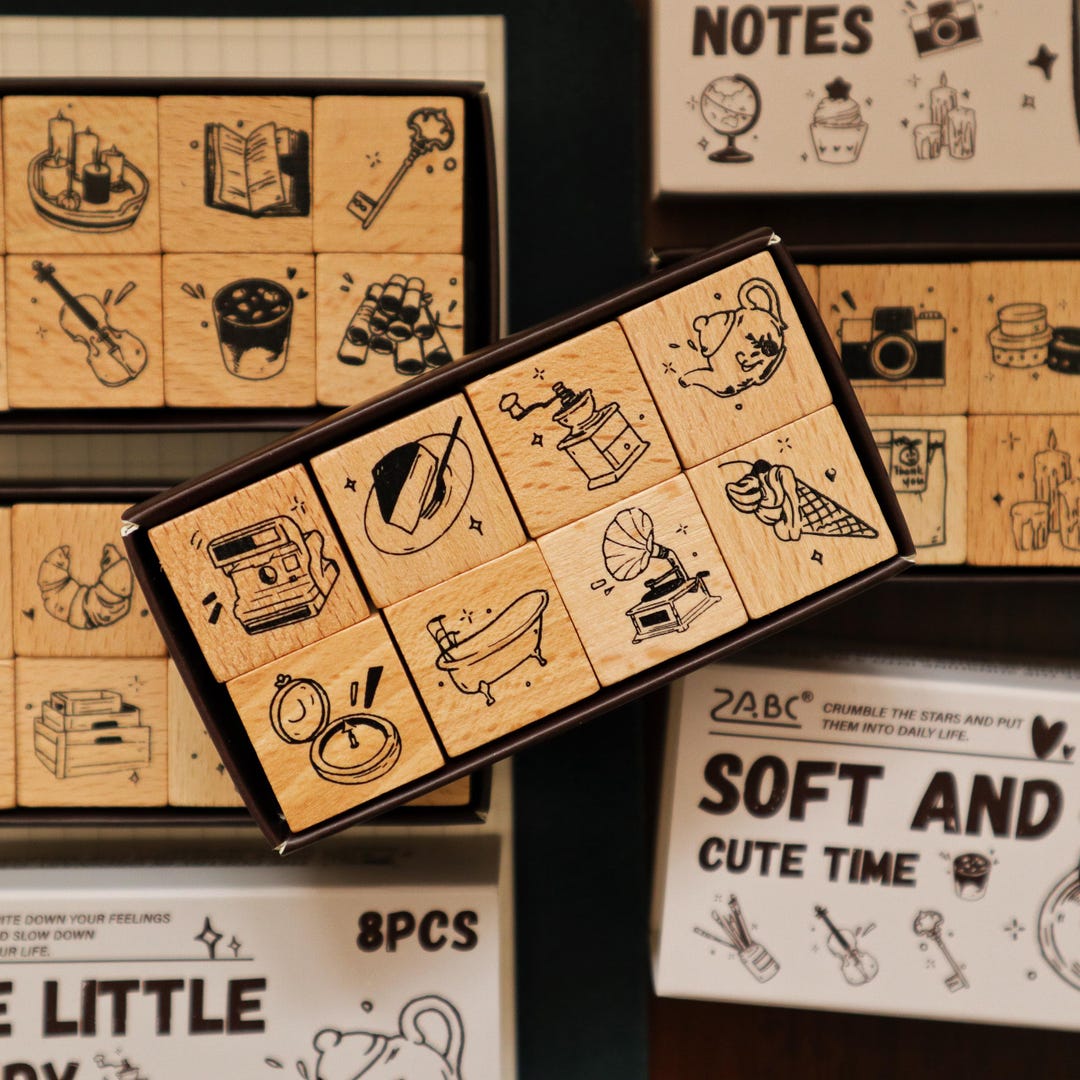 8pcs Mini Cute Everyday Items Rubber Stamp | Mini Icon Wooden Stamp Set ...