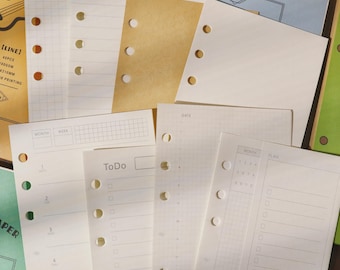 8 Designs A5 & Personal Size 6 Ring Planner Inserts | Blank, Grid, Lined, Kraft, To-Do, Weekly Plan,  Daily Plan, Fold-out Monthly Refills
