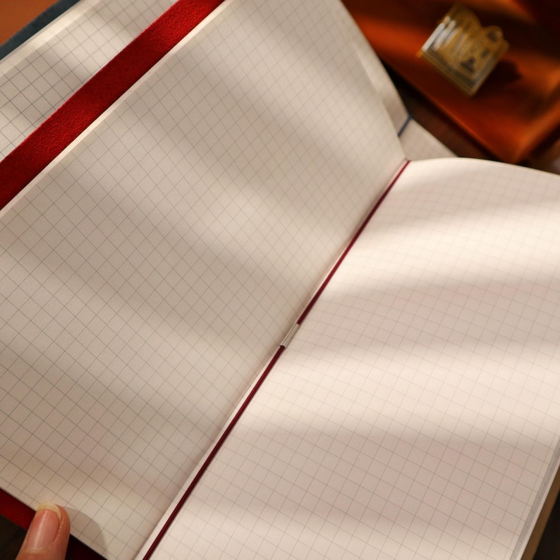 Pu&ograve; includere: Quaderno aperto con pagine a griglia. Le pagine sono bianche con un sottile motivo a griglia. Un segnalibro a nastro rosso &egrave; visibile. Il quaderno &egrave; aperto, rivelando le pagine interne. La copertina &egrave; di colore blu scuro.