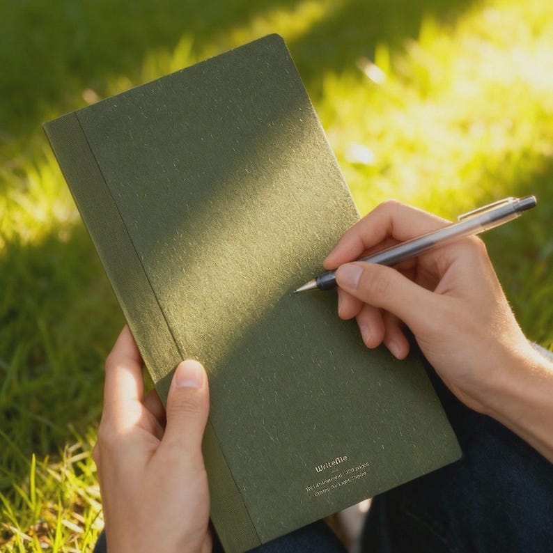 May include: An olive green notebook held open with a pen poised to write. The notebook has a textured cover and the text "WriteMe" is visible. The pen is silver and black. The background is blurred green grass.