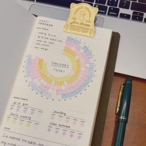 May include: Open notebook with a habit tracker for January 2026, featuring a colorful circular chart and a gold-colored paper clip. A green pen rests on the wooden surface. The habit tracker includes daily and weekly goals.