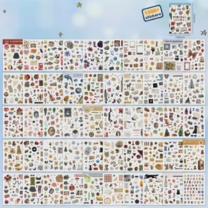 May include: A sticker book containing over 1300 stickers, measuring 210mm by 148mm. The book features a wide variety of small, colorful adhesive illustrations including animals, plants, food, household items, and letters on multiple pages.