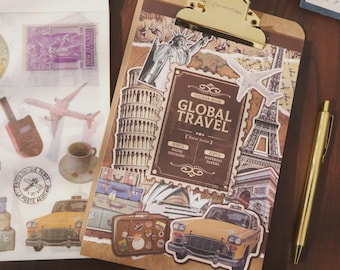 50 hojas de pegatinas vintage de viajes por el mundo / Pegatinas de monumentos mundiales / Tamaño A5