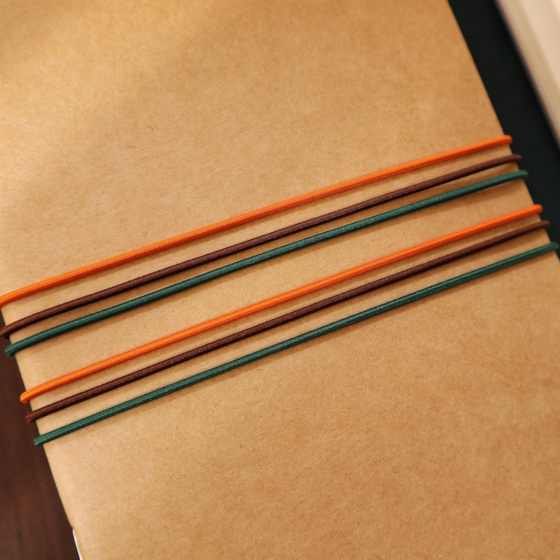 Pu&ograve; includere: Primo piano di un taccuino marrone con elastici colorati. Le fasce sono nei toni dell'arancione, del verde e del marrone, creando un vivace contrasto sullo sfondo neutro. Le pagine del taccuino sono visibili.