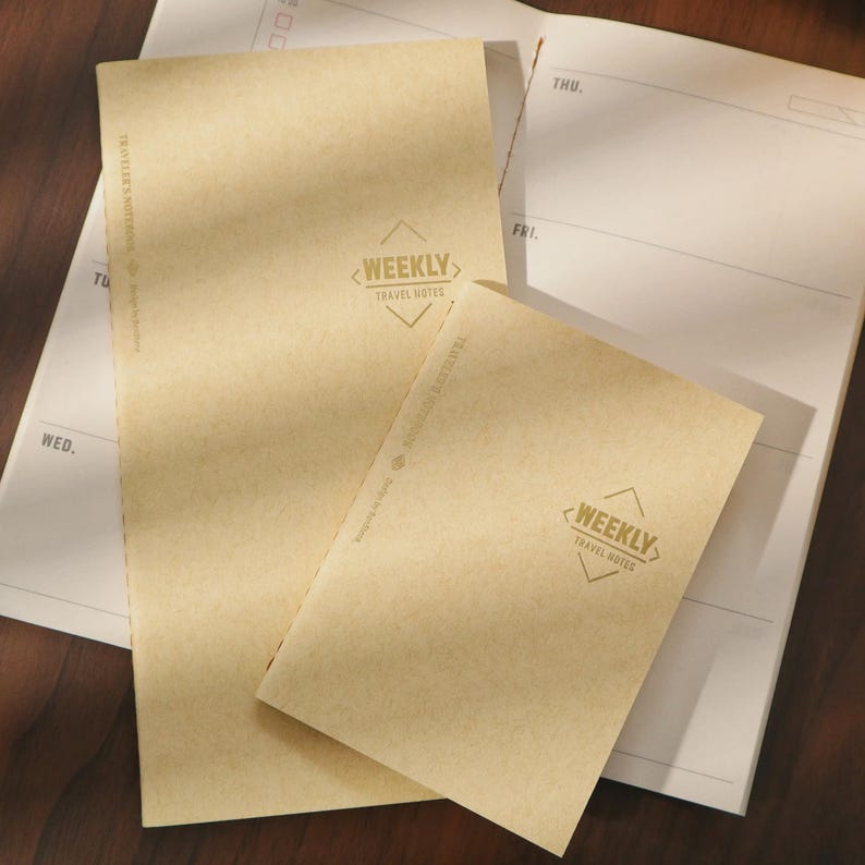 May include: Two beige Traveler's Notebooks with the text "WEEKLY TRAVEL NOTES" in a diamond shape. One notebook is open, revealing a weekly planner layout. The notebooks are on a white and beige surface.