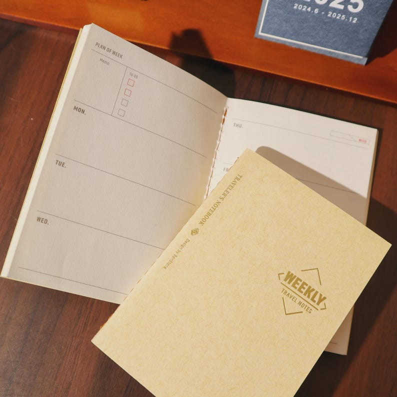 May include: Open notebook with a weekly planner layout. The left page displays a "Plan of Week" section with space for notes and daily entries. A smaller notebook with "WEEKLY TRAVEL NOTES" is on top.