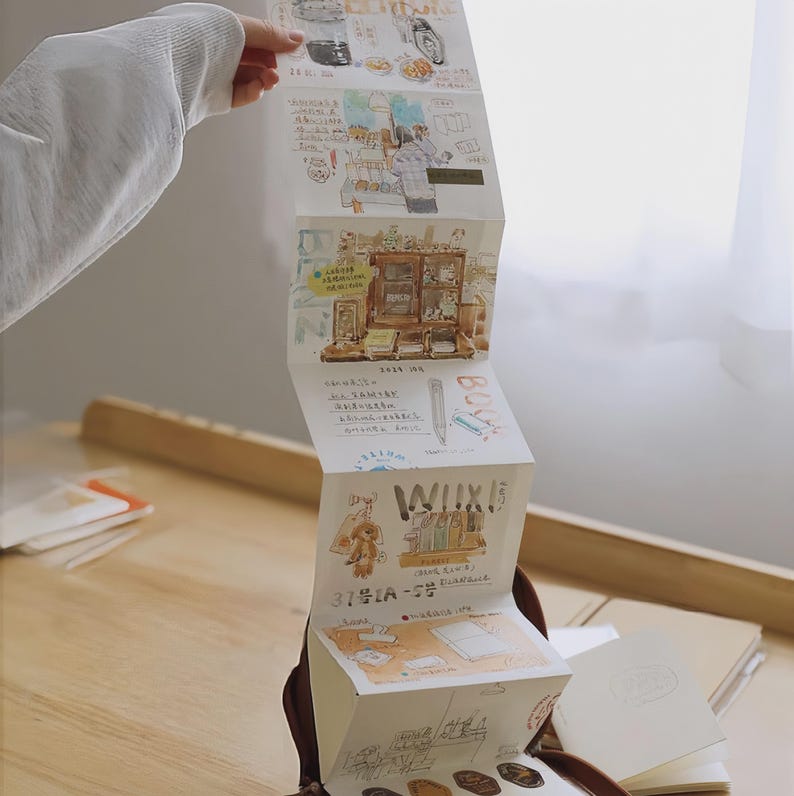 May include: A multi-panel paper booklet with watercolor illustrations and handwritten text. The booklet features drawings of a shop, a bear keychain, and other decorative elements. The booklet is held up by a person.