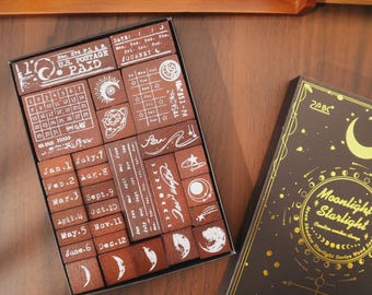 All-in-One 29 Stück Mondphasen Stempel | Celestial Kalender Woche Monat Datum Holzstempel Set 