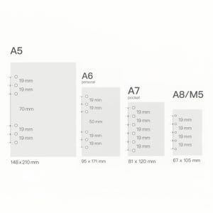 Pu&ograve; includere: Diagramma che mostra le dimensioni dei formati carta A5, A6, A7 e A8/M5. Le misure sono in millimetri. Il formato A5 &egrave; 148 x 210 mm, A6 &egrave; 95 x 171 mm, A7 &egrave; 81 x 120 mm e A8/M5 &egrave; 67 x 105 mm.