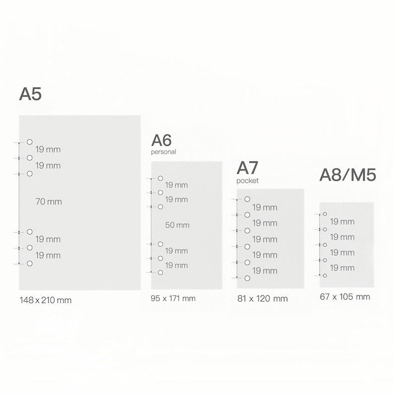 Pu&ograve; includere: Diagramma che mostra le dimensioni dei formati carta A5, A6, A7 e A8/M5. Le misure sono in millimetri. Il formato A5 &egrave; 148 x 210 mm, A6 &egrave; 95 x 171 mm, A7 &egrave; 81 x 120 mm e A8/M5 &egrave; 67 x 105 mm.