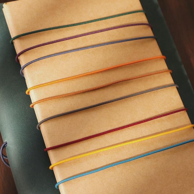 May include: A tan-colored notebook with multiple colored elastic bands wrapped around it. The bands are in various colors, including green, purple, blue, orange, yellow, and red. The notebook is on a green surface.