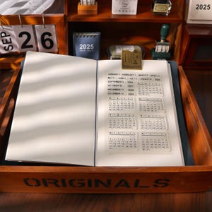 May include: An open notebook with blank pages, featuring calendar stickers for 2025, 2026, 2027, 2028, and 2029. The notebook is in a wooden tray with the word "ORIGINALS" printed on the side. Other stationery items are visible in the background.