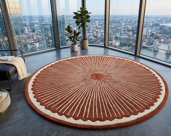 Hand Tufted Wool Sunburst Round Rug, Terracotta Cream Boho Carpet