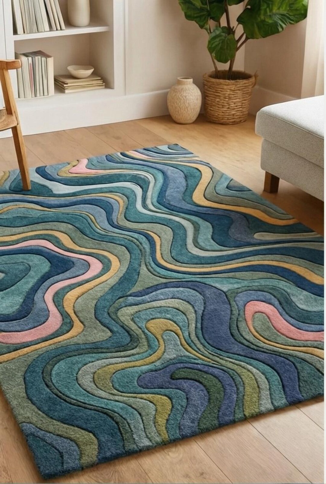 Abstract Wavy Wool Rug – Teal Blue Modern Area Rug – Hand Tufted ...