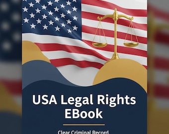 Op de afbeelding: Een ebook-omslag met de Amerikaanse vlag en een gouden weegschaal van de rechtvaardigheid. De titel luidt "USA Legal Rights EBook". Extra tekst is "Clear Criminal Record, Fight Restraining Order, Know Miranda Law | DIY Legal Help PDF | Expungement Guide."