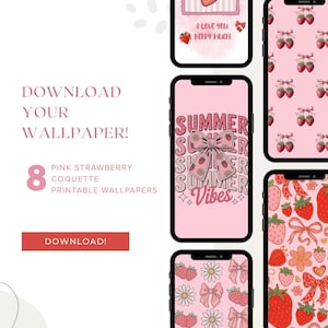 Printable Pink Strawberry Wall Art Set | Coquette Aesthetic Digital Download | Cute Kitchen Decor