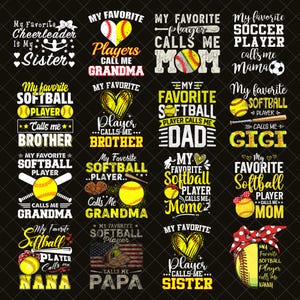May include: A collection of softball and baseball-themed designs on a black background. Each design features text like "My Favorite Softball Player Calls Me Grandma" or "My Favorite Player Calls Me Mom," with baseballs, softballs, and hearts.