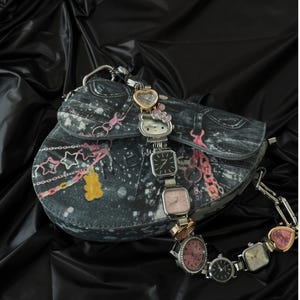 Punk Watch Bag Chain, Graffiti Saddle Bag, Vintage Watch Bag Chain, Grunge Watch Bag Strap, Y2K Trendy Bag, Punk Watch Bag Accessory Gift
