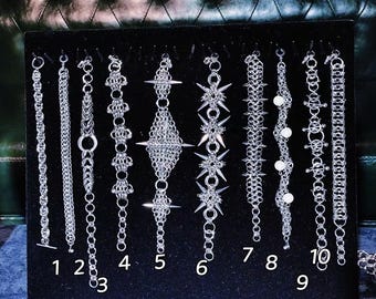 Punk woven metal silver chain bracelet, grunge spike bracelet,chunky silver chain bracelet,gothic jewelry,unisex link chain bracelet gift