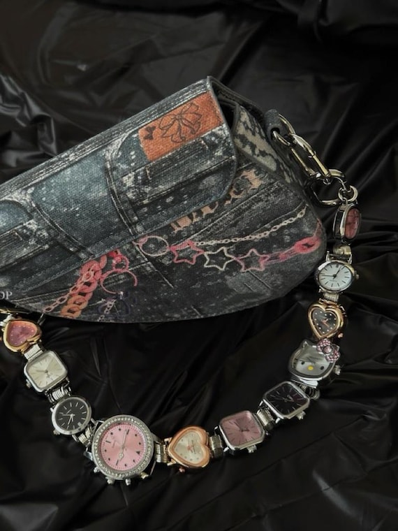 Punk Watch Bag Chain, Graffiti Saddle Bag, Vintage Watch Bag Chain