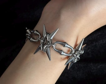 Pulsera de plata con pinchos cyberpunk, pulsera de cadena tejida grunge, pulsera de plata gruesa Y2K, regalo de joyería punk unisex gótica, pulsera de cadena vanguardista