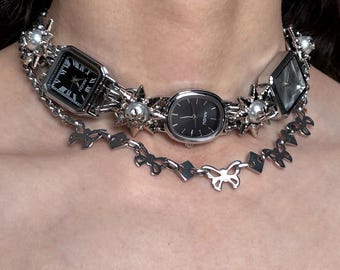 Gargantilla vintage con reloj punk en blanco y negro, gargantilla de cadena plateada con dije de estrella, collar gótico con capas de corazón, regalo de joyería con reloj grunge