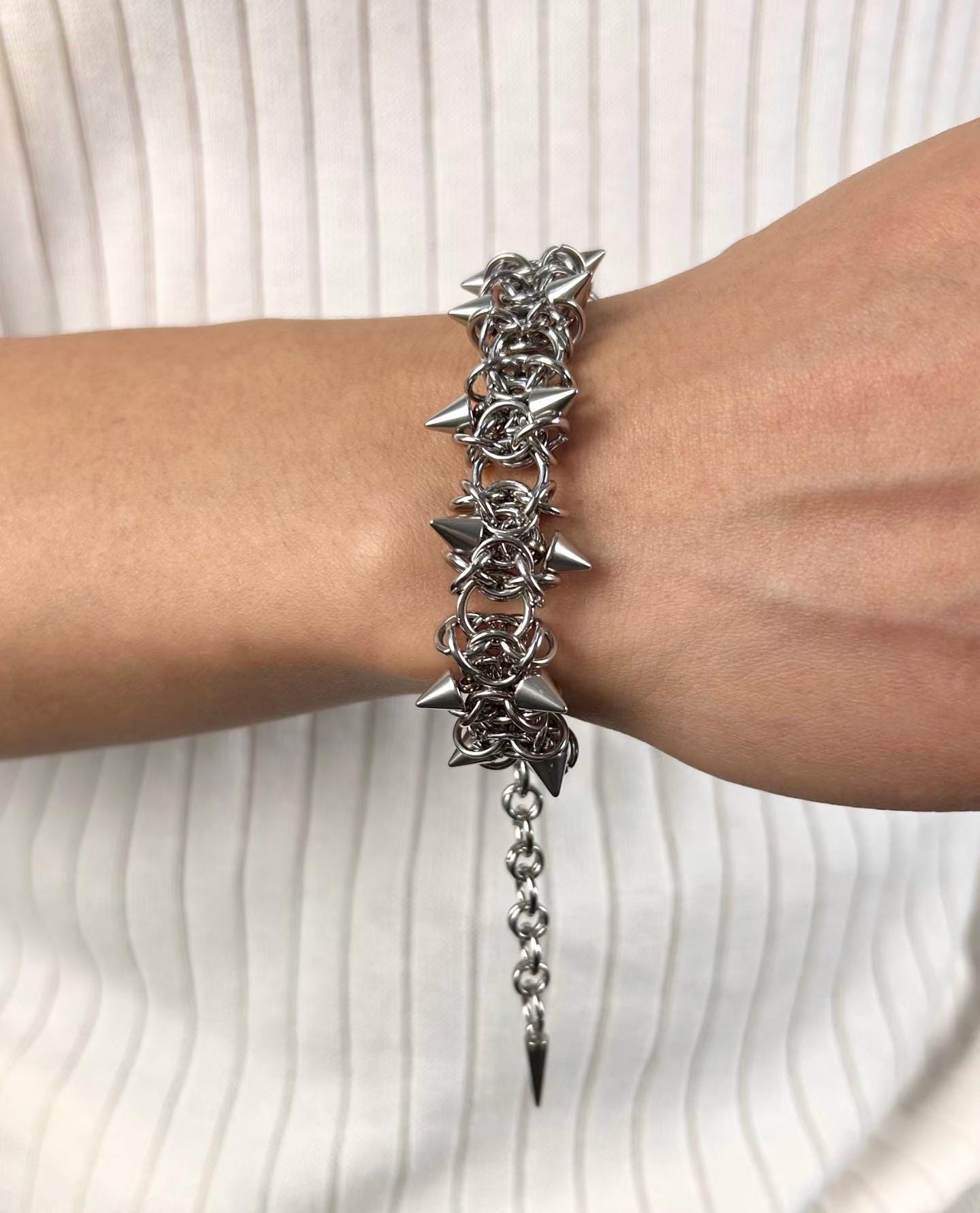 Punk Spike Bracelet, Y2K Silver Chain Bracelet, Chunky Gothic
