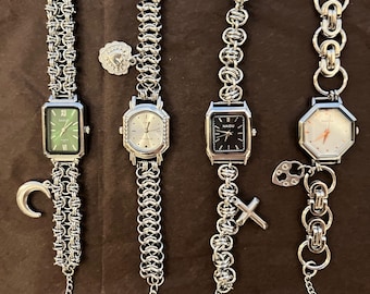 Vintage punk silver wrist watch,chunky silver chain watch,gothic cross watch,Y2K charm watch bracelet,unisex wrist watch,90's jewelry gift