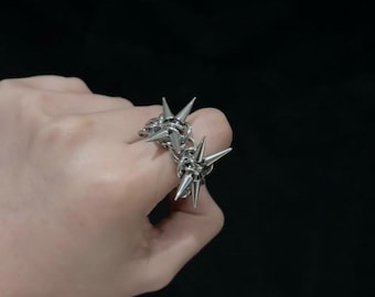 Punk Woven Metal Ring,Grunge Titanium Rings, Silver Chunky Ring,Unisex Retro Rings.Gothic Spike Rings,Unique Statement Ring gift,90s Jewelry