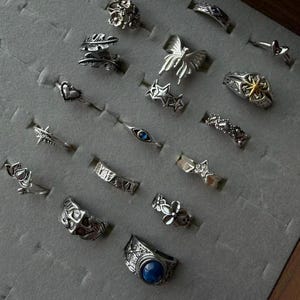 Vintage Antique Silver Open Rings,Mixed Butterfly Star Flower Skull Eye Carved Band,Multi Style Gothic Y2K Stackable Unisex Finger Jewelry