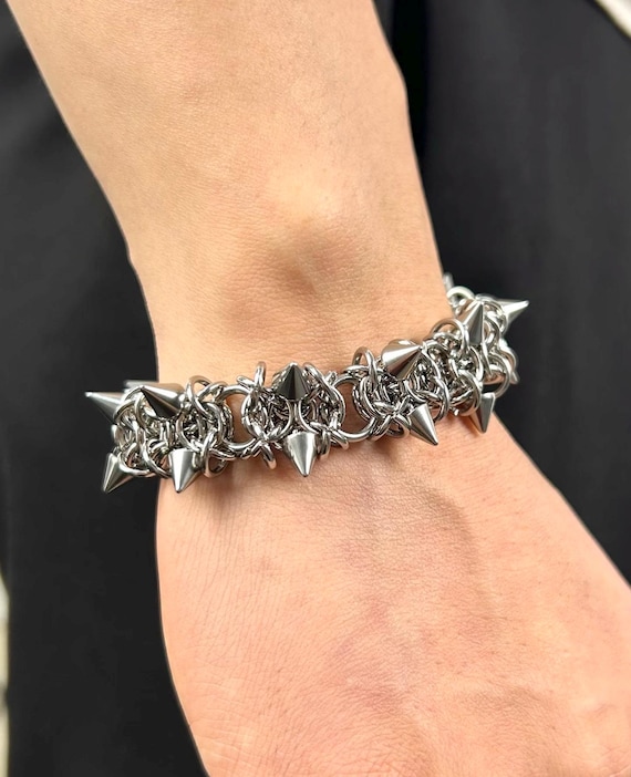 Punk Spike Bracelet, Y2K Silver Chain Bracelet, Chunky Gothic