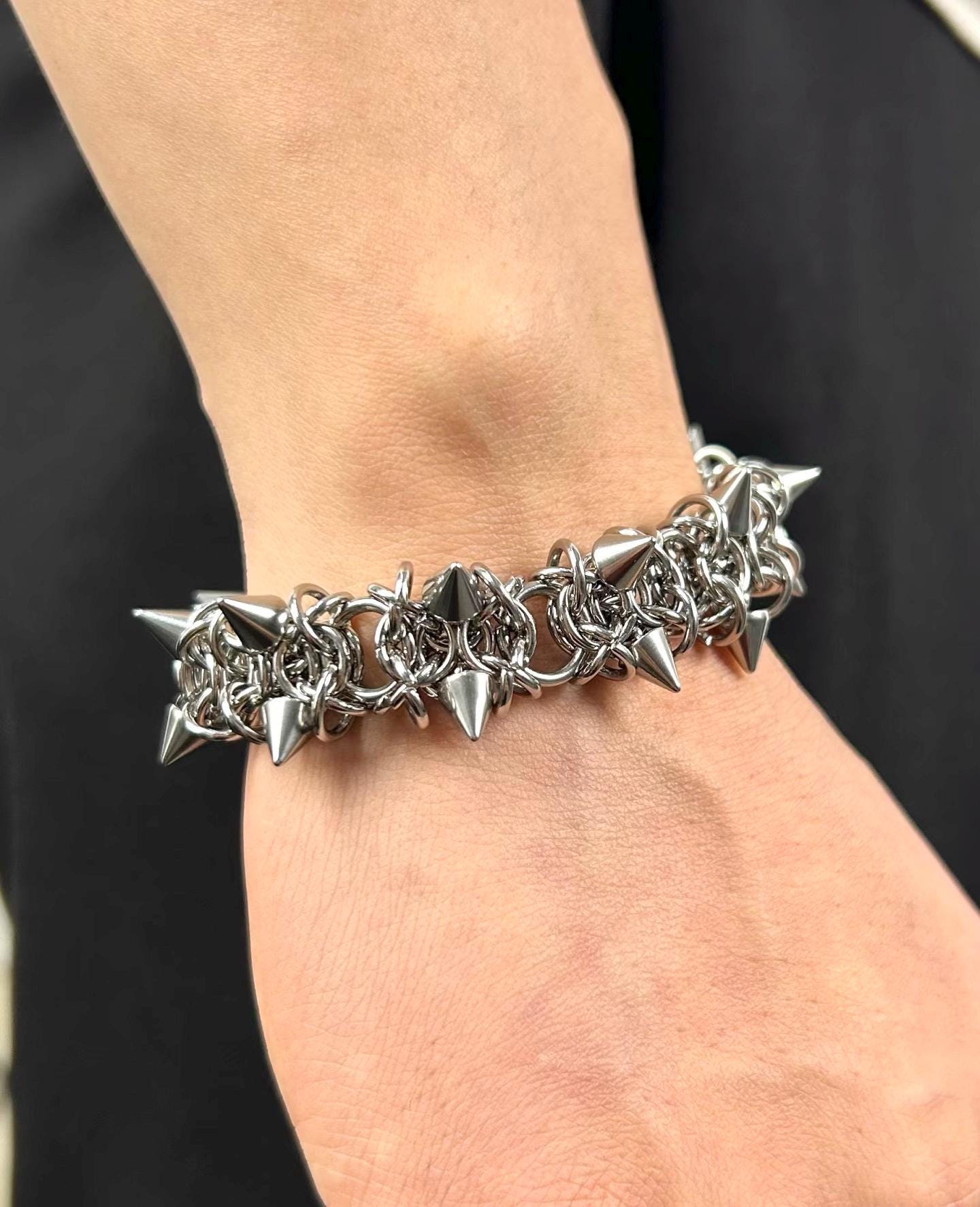 Punk Spike Bracelet, Y2K Silver Chain Bracelet, Chunky Gothic