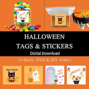 Halloween Printable Gift Tags – Cute Ghost, Cat & Pumpkin, 2×2 Inch Labels, 4-Set for Party Favors and Treat Bags, Digital Download