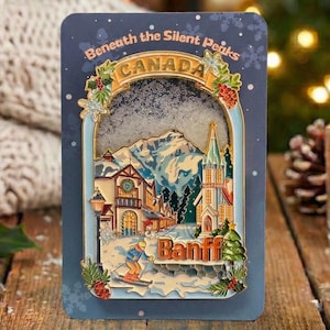 May include: A rectangular, blue-framed souvenir featuring a winter scene of Banff, Canada. The design includes a skier, buildings, mountains, and the text "Banff" and "Canada". The image is set against a backdrop of a cozy fireplace and Christmas decorations.