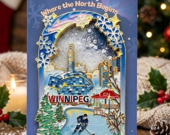 May include: A blue rectangular pin featuring a winter scene of Winnipeg, Canada, with the text "Where the North Begins" and "WINNIPEG". The pin includes a hockey player on a rink, buildings, and snowflakes. The pin is surrounded by a gold border.