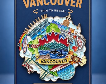 May include: A circular Vancouver rotating magnet on a blue backing card with the text VANCOUVER, SPIN TO REVEAL, and ROTATING MAGNET. The enamel pin features a red maple leaf, mountains, orcas, a seal, a totem pole, and city landmarks.