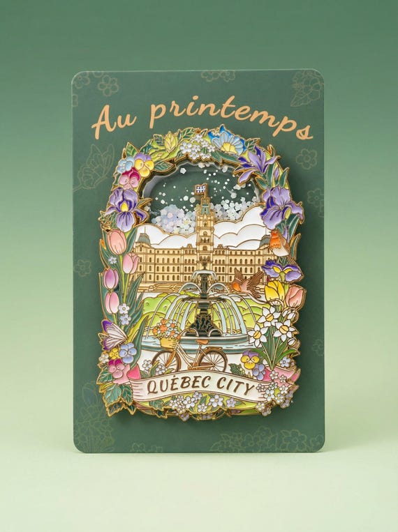 Quebec City Spring Floating Glitter Magne · Canada Souvenir · Snow Globe Effect · Enamel Style · EverWander