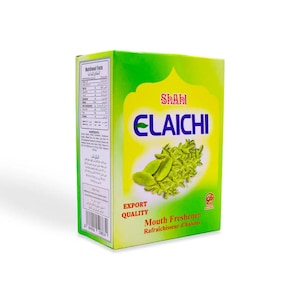 May include: A green and yellow box of "Elaichi" mouth freshener. The box features the brand name "Shahi" and a graphic of green cardamom pods and seeds. The words "Export Quality" and "Mouth Freshener" are also printed on the box.