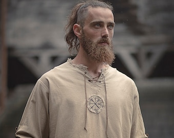 Linen man shirt with ancient viking embroidery