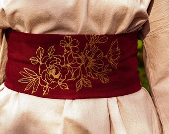 Embroidered burgundy red linen waist belt with a lace corset closing system to adapt on any silhouette , obi belt