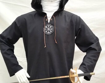 Viking linen shirt with hood and vegvisir embroidery, men long sleeve tunic
