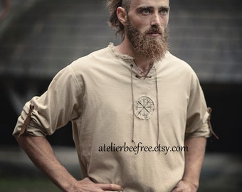Casual linen shirt  Viking / Norse vegvisir embroidery and leather belts, long sleeves tunic, hand made in Belgium