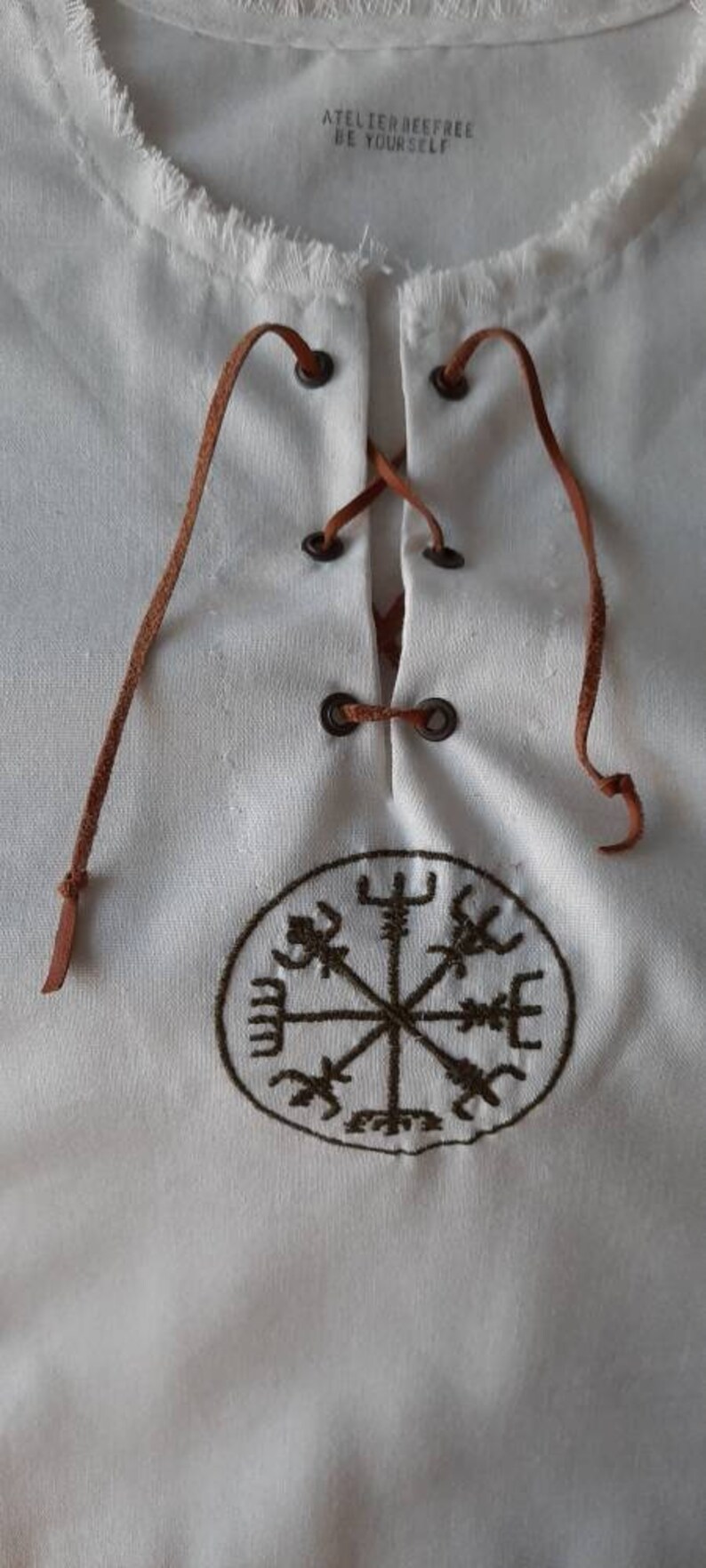 Linen man shirt with ancient viking embroidery and leather Etsy