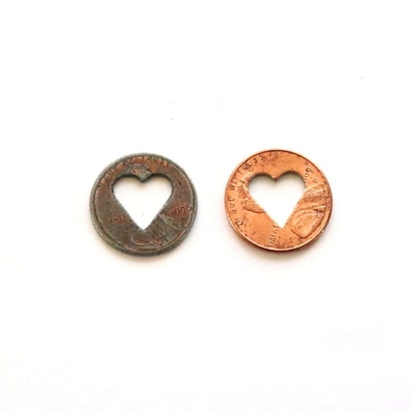 Lucky in Love , 2 Heart Penny , copper wedding decor . lucky charm . pennies from heaven . heart confetti . heart pennies . lucky penny