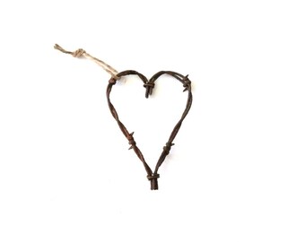 Primitive Heart Ornaments , metal folk heart , barbed wire heart , long heart , rusty heart